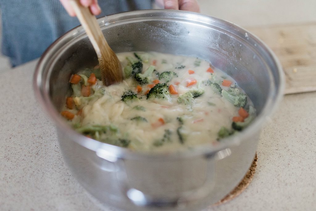 Image of soup after Velveeta cheese has been added and melted in. 