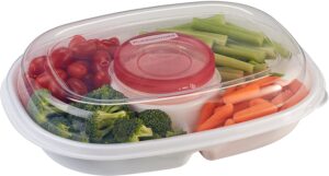Rubbermaid party platter for keeping veggies and dip fresh and on hand in your fridge. 