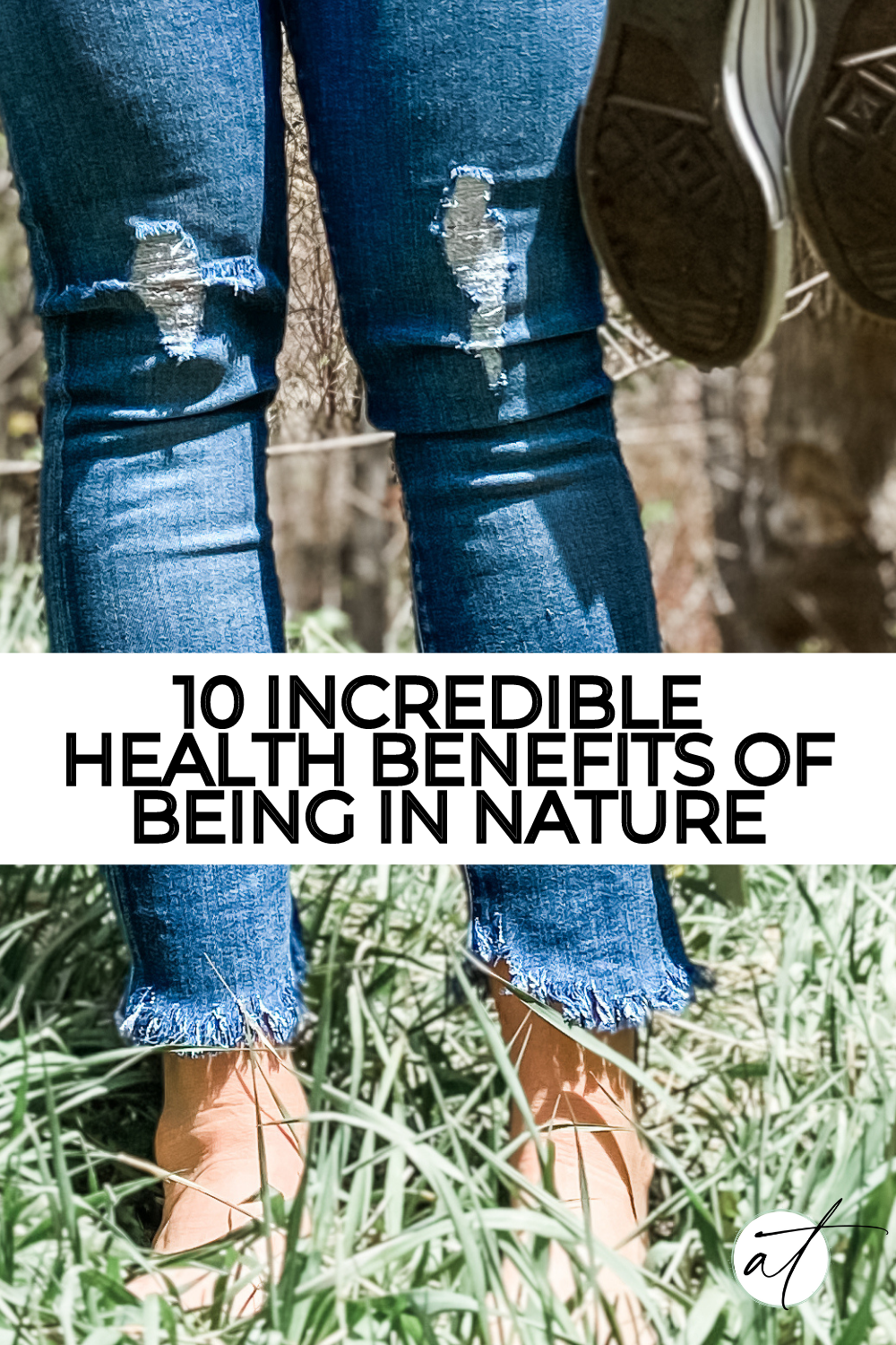 Photo of Andie with her shoes off and her toes nestled into the grass enjoying the healing health benefits of being in nature. 