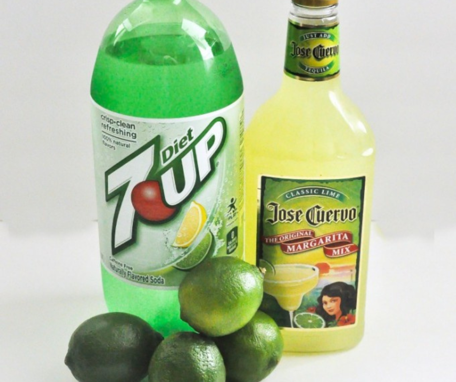 photo of key ingredients for limonadas, sprite (7-up) Margarita mix and fresh limes 