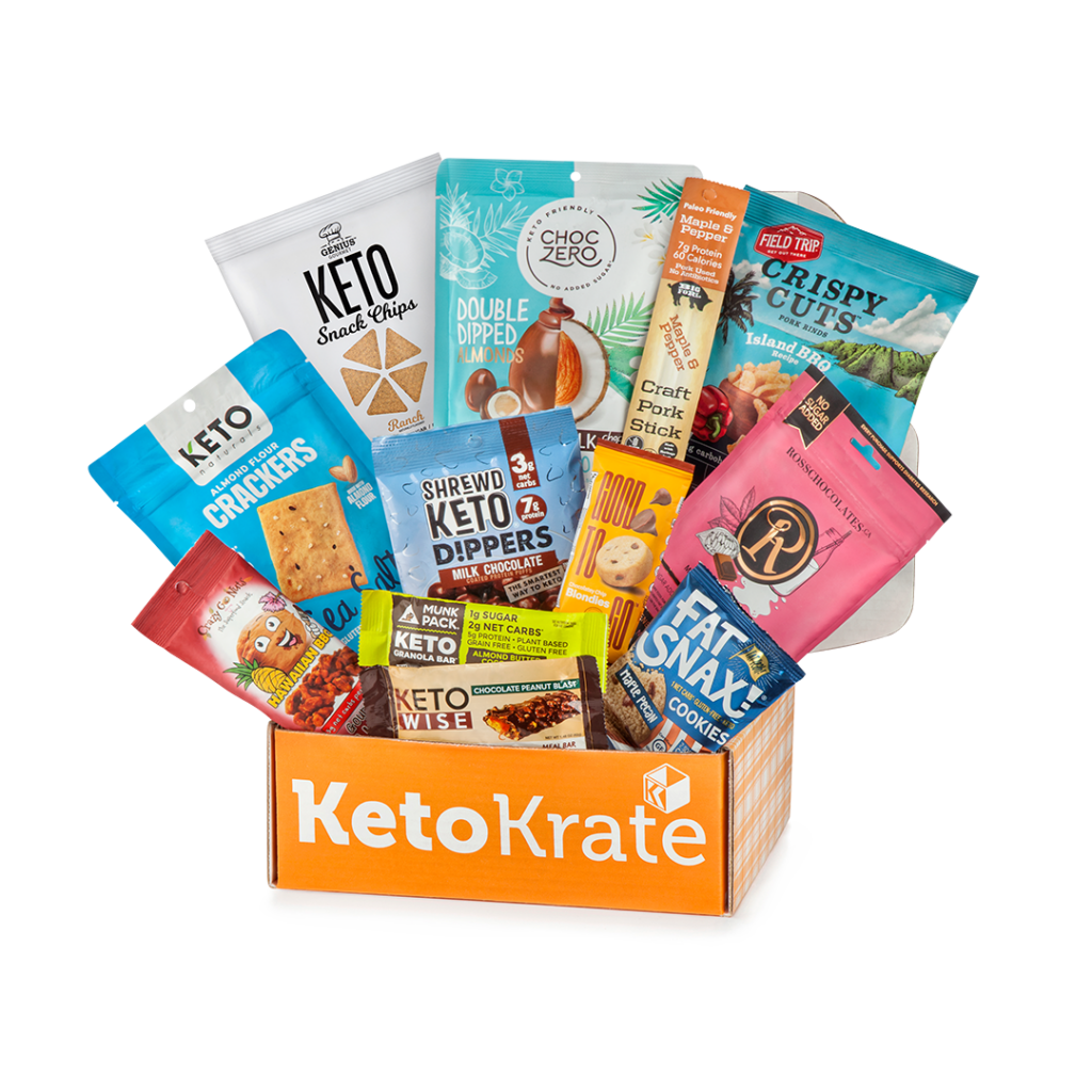 Photo of a sneak peek of what is included in Keto Krate's monthly subscription service. 