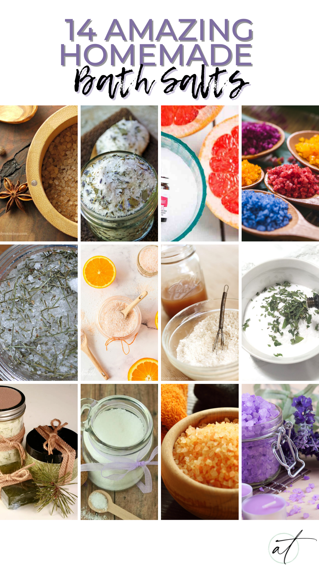 Image of various bath salt recipes for relaxation, cold therapies, and detoxification. 