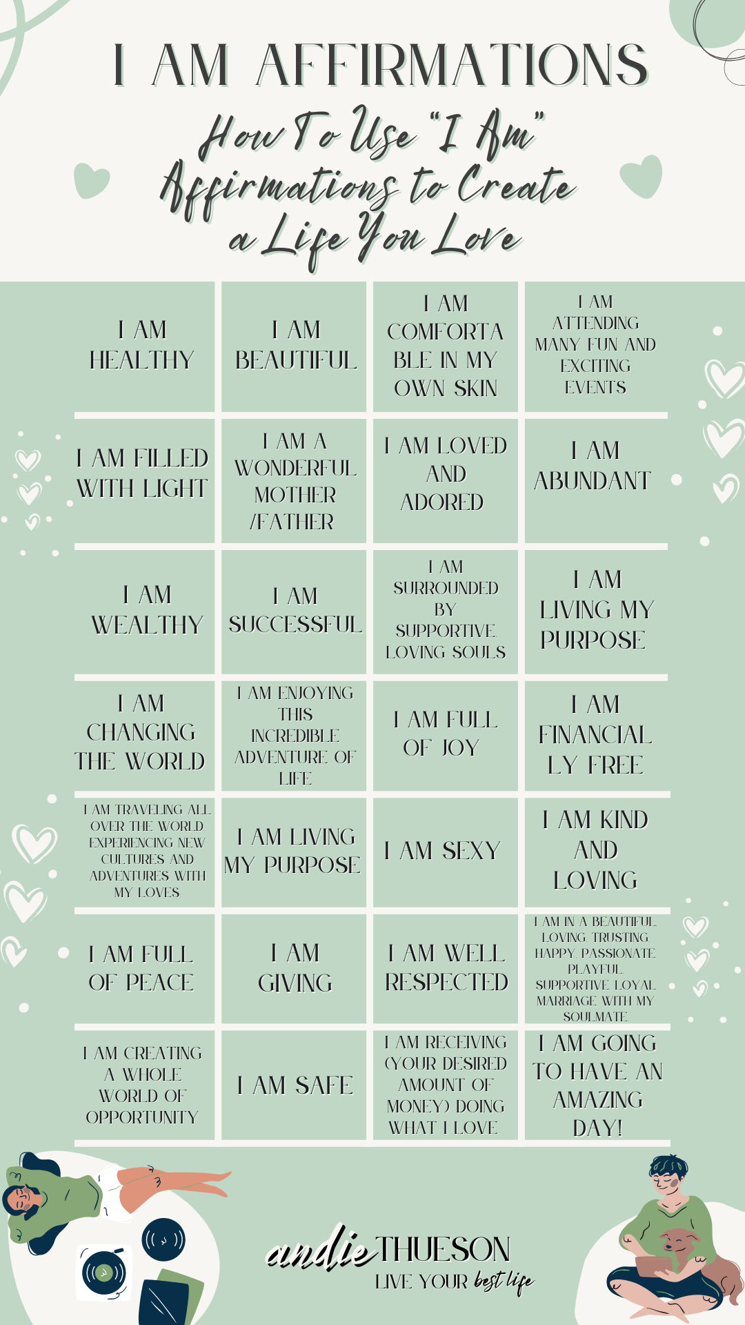 Infographic and printable with several I am affirmation examples. 