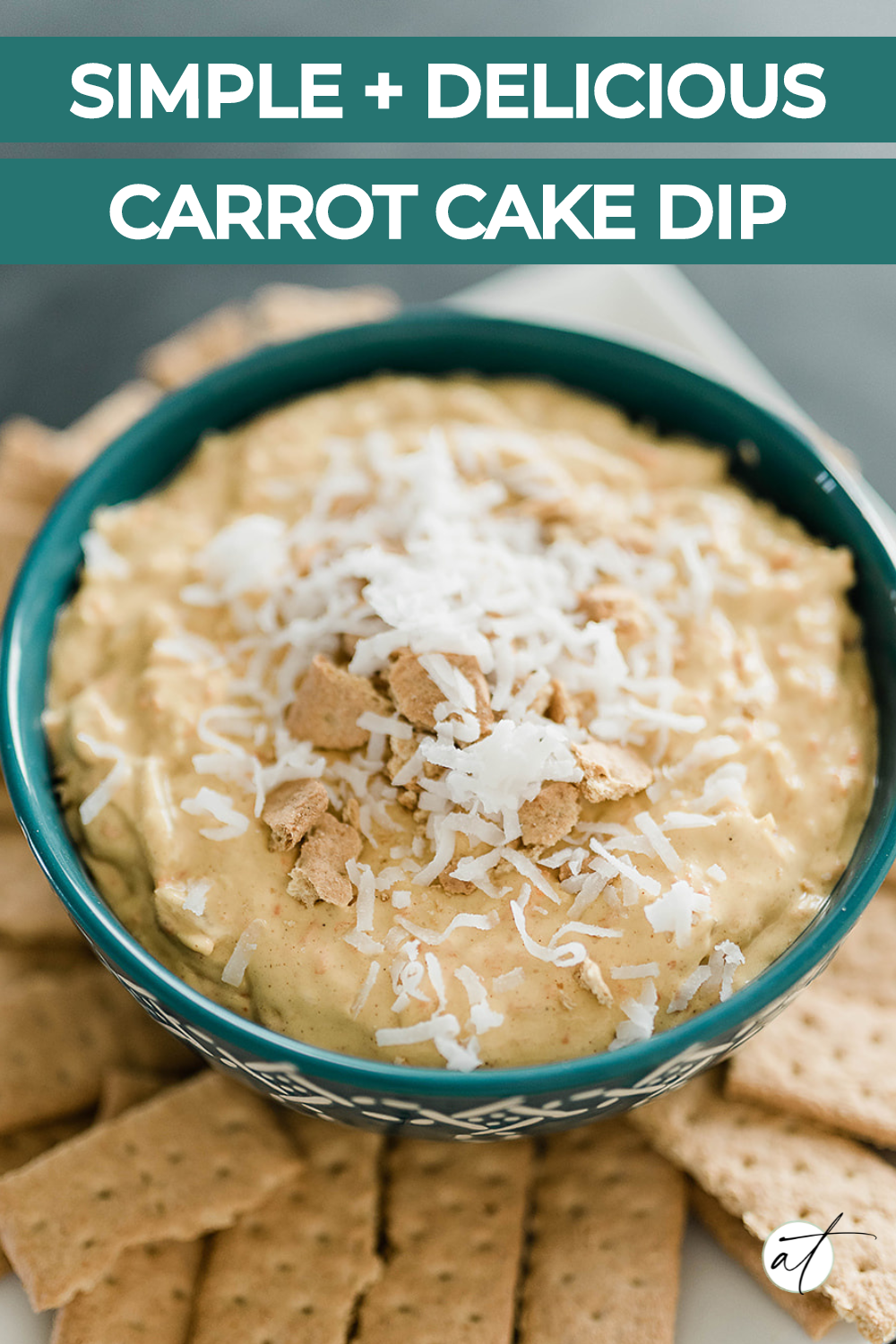 Photo of carrot cake dip close up served in a small bowl with shredded coconut and crushed graham crackers on top. 