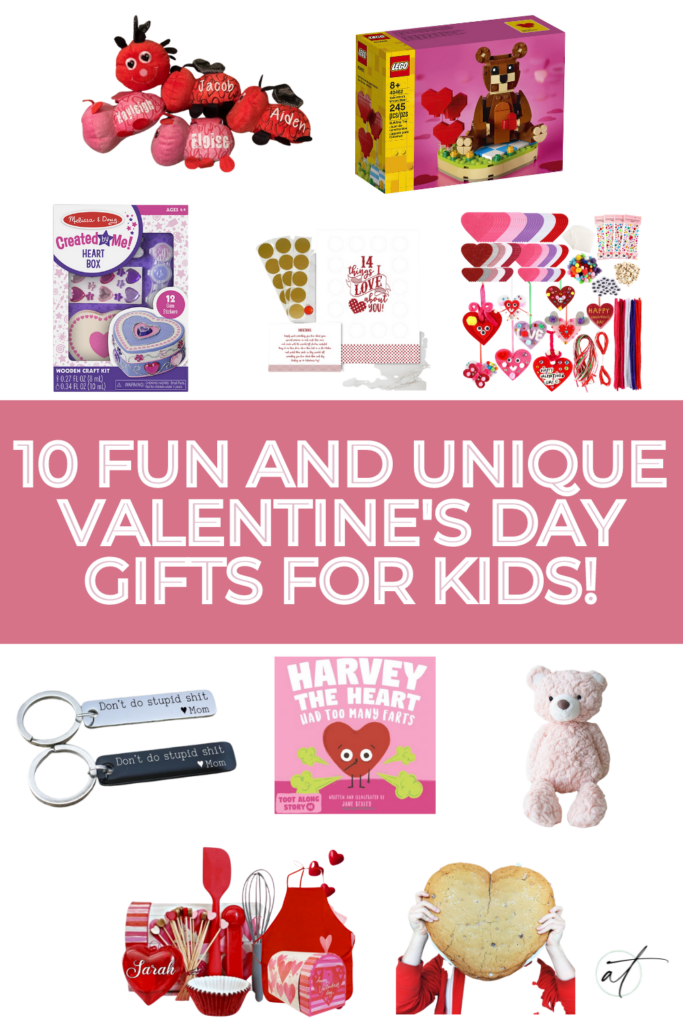 Image of 10 fun and unique Valentine gift ideas for kids. Little custom cuddle bugs, Lego Valentine's bear, a jewelry box, scratchable I love you advent. craft set, key chain, cute book, teddy bear, bakers kit, and huge heart cookie. 