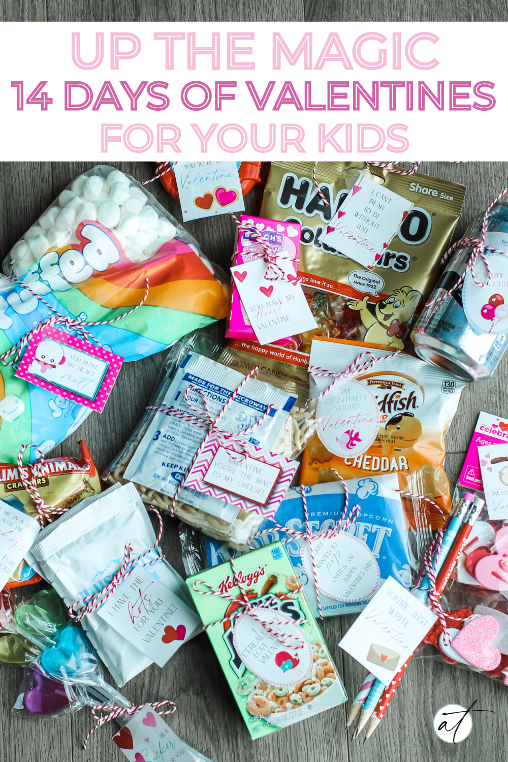 Photo of all the fun Valentine gift ideas for kids, laid out to see. Each gift idea comes with a printable tag. 