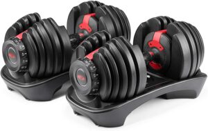 Black Bowflex adjustable dumbbells allow you to have weights from 5lbs to 50lbs with a twist of a dial 