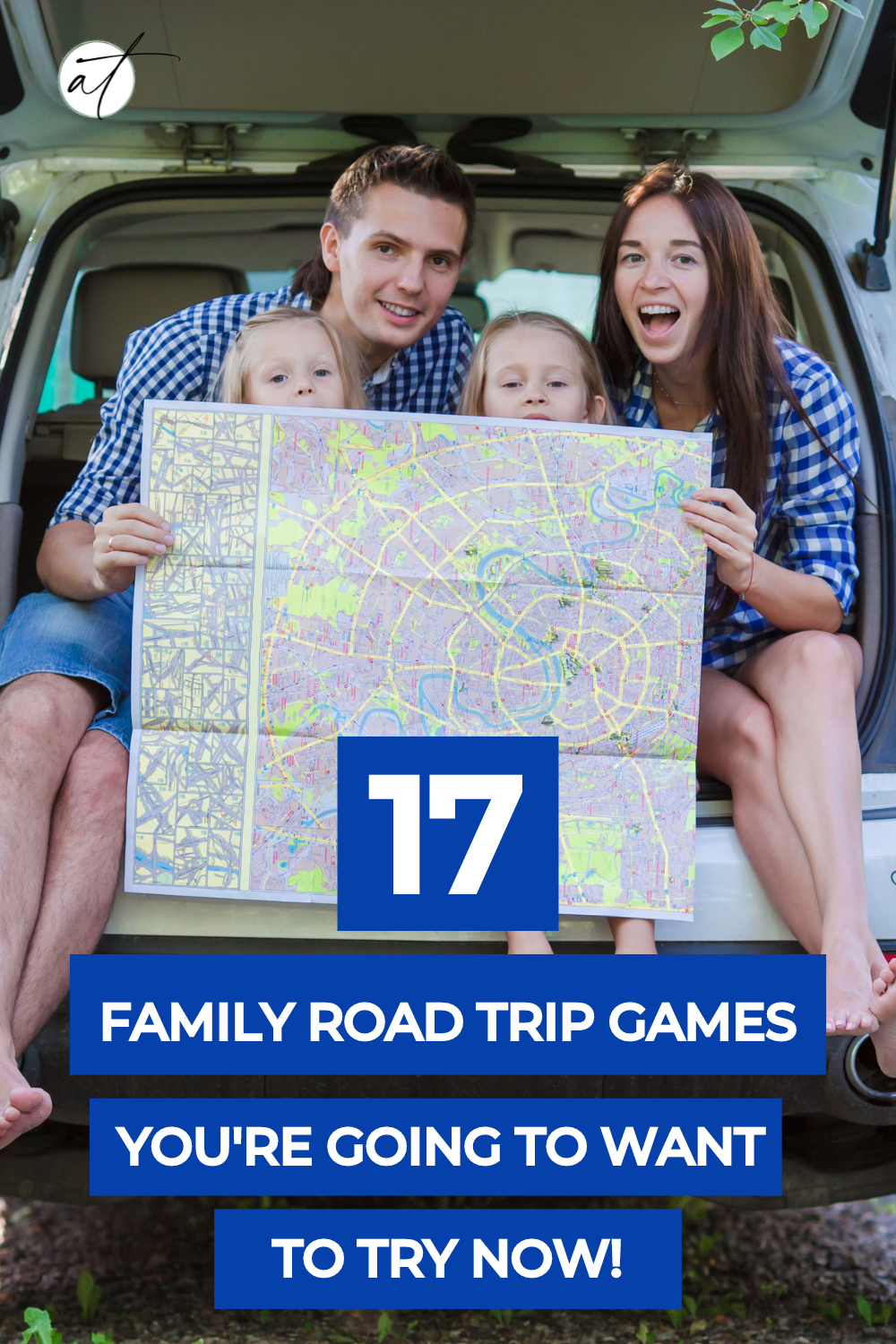 Family in car enjoying family road trip games. They seem cozy and happy together. 