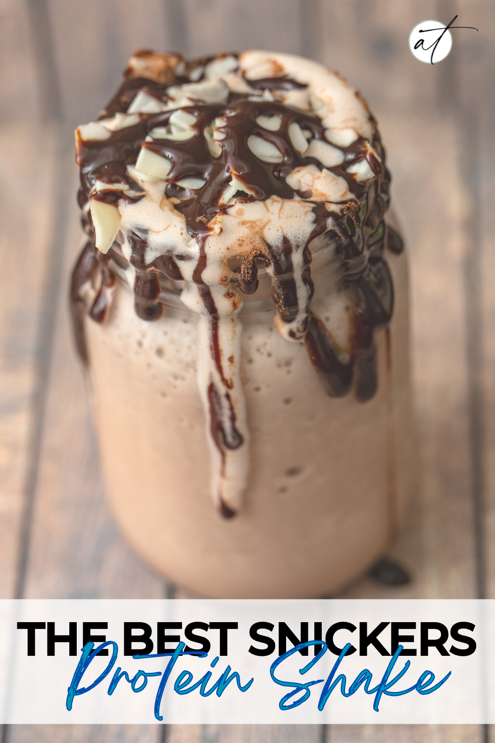 Close up image of the best snickers protein shake, drizzled with all natural chocolate and caramel syrup. 