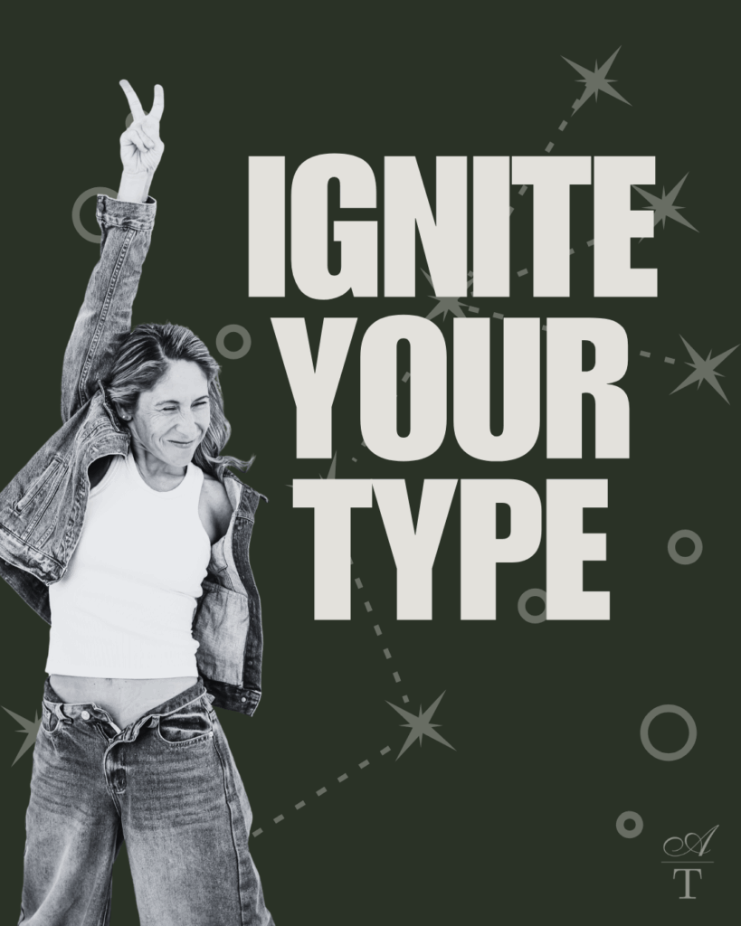 image of Andie excited and lit up with the words Ignite your type written over the top, this is her cornerstone Human Design Course