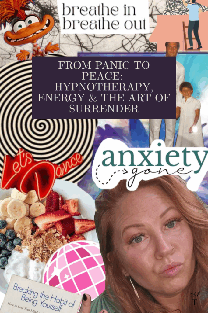 Photo image collage of anxiety and panic sprinkled with elements typing to hypnotherapy, peace and healing.