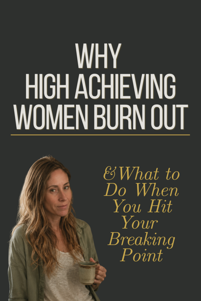 Pinterst Pin Image: Wording on graphic Why High Achieving Women Burn Out and What to Do When You Hit Your Breaking Point. There is a photo of Andie the host of the Own Your Piece Podcast looking burned out and tired. This blog post dives into the importance self-leadership for women to avoid burn out. 